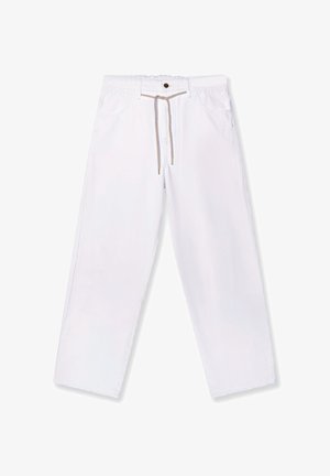 White cotton pants with a relaxed fit, featuring an elastic waistband, drawstring tie, and front pockets. Smooth texture, no patterns.