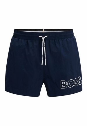 Costumi da bagno da uomo in color navy realizzati in tessuto leggero, con vita regolabile tramite cordino, tasche laterali e logo "BOSS" bianco in basso a sinistra.