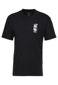 Musta puuvillainen t-paita, jossa vasemmalla etupuolella valkoinen kallo- ja "VANS"-tekstiä esittävä kuvio. Klassinen pyöreä kaulus.