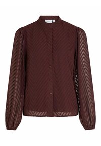 Blouse bordeaux avec un col haut, fermeture à boutons et longues manches transparentes ornées d'un motif en chevrons. Texture lisse, coupe régulière.