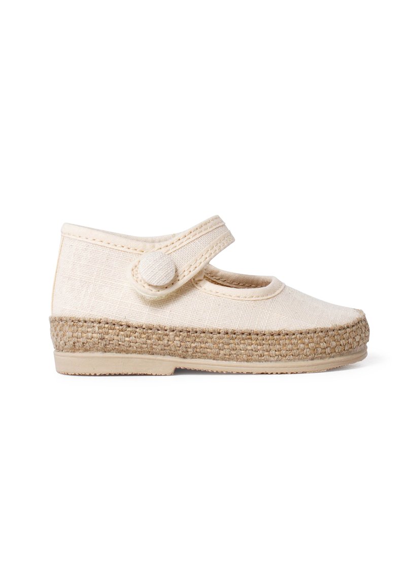 Beige Mary Jane shoe with a strap and round button closure, linen-like upper, and woven jute-style sole. Flat rubber outsole.