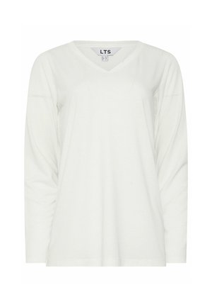 Camisa blanca de manga larga con cuello en V, ajuste suelto y etiqueta de la marca LTS en el interior del cuello trasero.