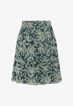 Lillelille mustriga seelik tumehelesinise alusega, smockitud vööst, rippuva äärise ja keerukate kollaste ja helesiniste mustritega.