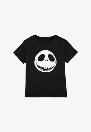 Black t-shirt featuring a large white circular graphic of a skull with wide eye sockets and a stitched smile. Short sleeves, crew neck design.