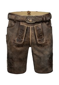 Shorts de cuero marrón con patrones florales en relieve, un cinturón metálico decorativo y costuras detalladas a lo largo de las costuras.