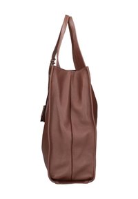 Borsa a mano in pelle marrone con due manici, superficie morbida e strutturata, forma rettangolare e ampia apertura per un facile accesso.