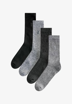 Négy pár zokni fekete, sötétszürke, világosszürke és melírozott szürke színben. Rózsás és sima textúrák, mindegyik zoknin kis logó található.
