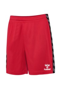 Short de sport rouge avec taille élastique, bandes latérales à motifs noir et blanc, et logo hummel blanc en bas à droite à l'avant.