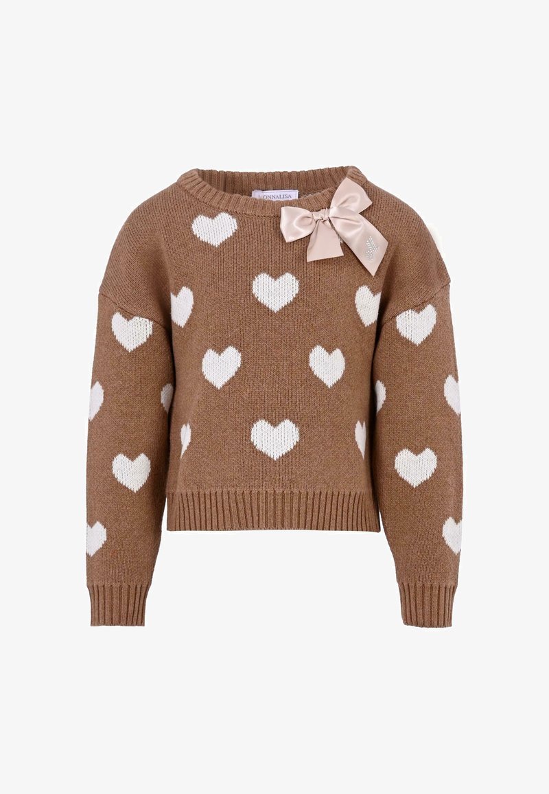 Maglione marrone lavorato a maglia con motivi a cuore bianchi, collo a giro e un grande fiocco rosa pallido sul lato sinistro della spalla.