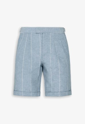 Hellblaue Shorts mit weißen vertikalen Nadelstreifen, umgeschlagenen Saumen und hohem Bund mit Gürtelschlaufen.