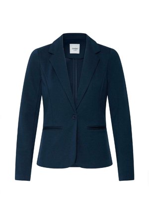 Donkerblauw damesblazer op maat met ingesneden revers, enkele knoopsluiting en twee voorste paspelzakken.