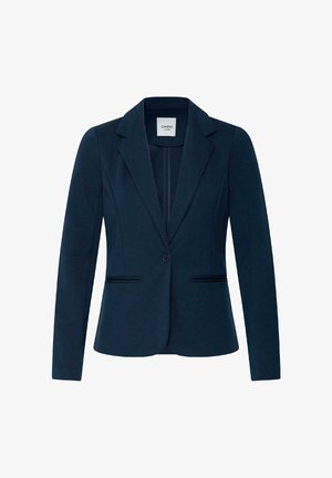 Tumesinine naiste kohandatud bleiser, millel on sälguga krae, ühe nupuga sulgur ja kaks ees asetsevat siseservadega taskut.