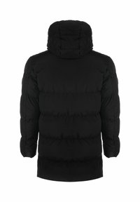 Čierna páperová bunda s kapucňou, s prešívaným dizajnom, príjemnou textúrou a elastickými manžetami. Chrbát je bezšvový, čo zdôrazňuje teplo.