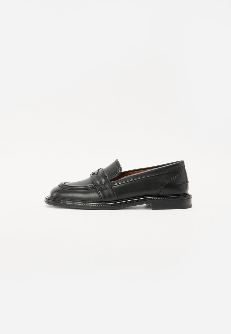 Black leather loafers with a rounded toe, decorative stitching, and a low stacked heel. Smooth texture and classic design.