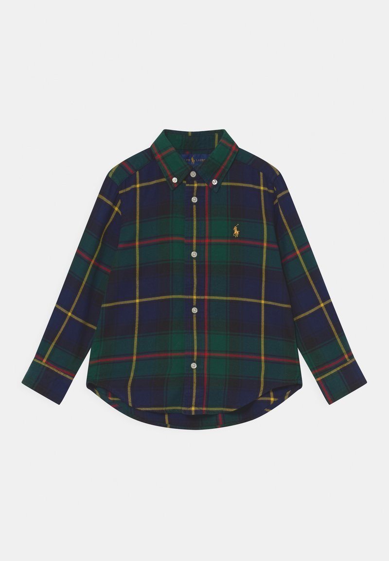 Plaid button-up shirt in green, navy, and yellow. Features long sleeves, a collar, and a small logo on the chest. Made of woven fabric.