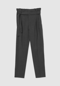 Pantaloni grigi a vita alta con pieghe, una cintura larga da annodare e un design a gamba dritta. Realizzati in un tessuto texturizzato. Tasche anteriori piatte.