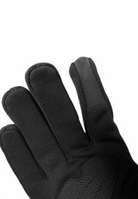 Schwarze Handschuhe mit strukturiertem Griff auf der Handfläche, aus weichem Stoff, mit ausgeprägten Fingersnähten und einer glatten Fingerspitze für Touchscreens.