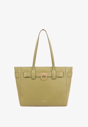 Sac tote en cuir vert avec doubles poignées, featuring un détail en métal doré de forme circulaire et un design structuré. Fond plat pour la stabilité.
