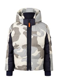 Polstret camouflage-jakke i grå, hvid og marineblå. Har en høj krave, lynlås i fuld længde og ribbede manchetter for ekstra varme og komfort.
