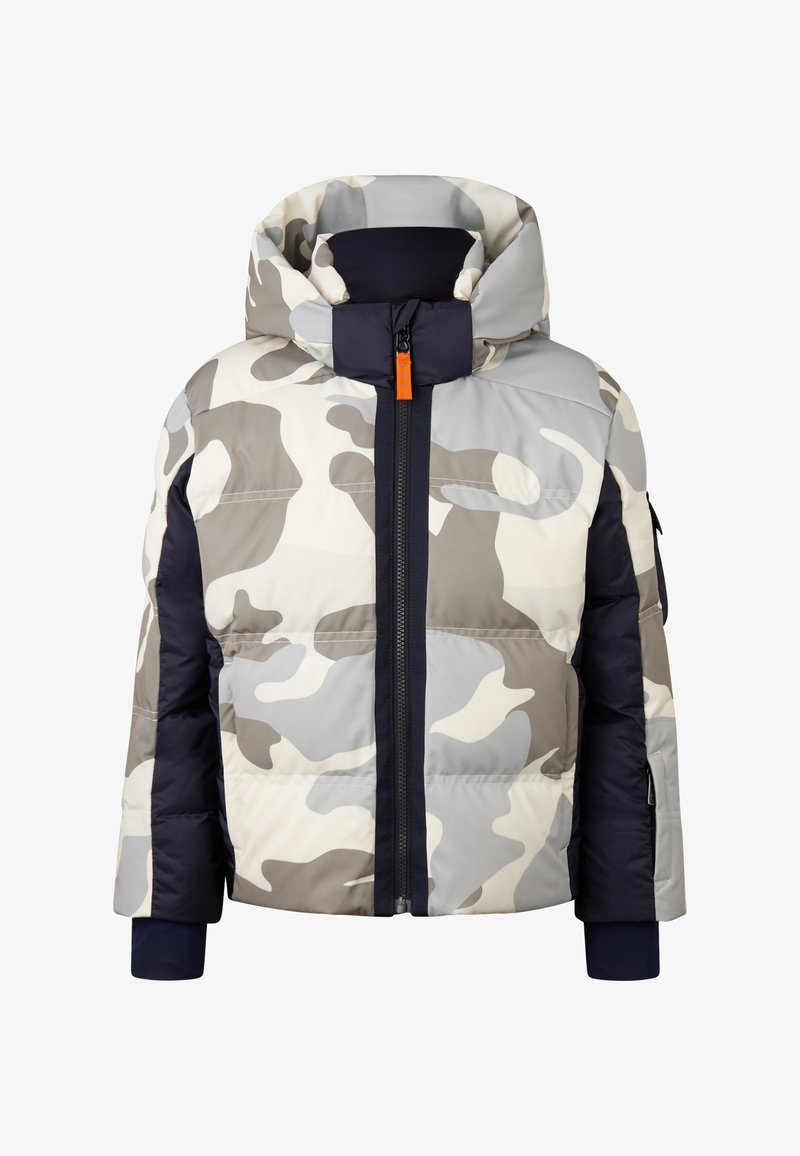Padded camouflage jacket in grey, white, and navy. Features a high collar, full zipper, and ribbed cuffs for added warmth and comfort.