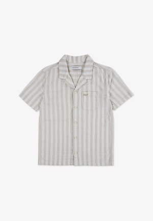 Rövid ujjú, gombos ing, texturált anyagból, bézs és fehér függőleges csíkokkal. Mellkasi zsebbel és bevágott gallérral rendelkezik.