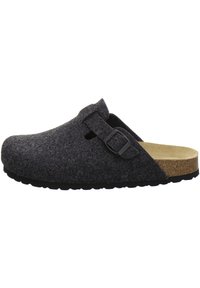 Dark gray felt clogs with a rounded toe, adjustable black buckle, cork footbed, and textured outsole for grip.