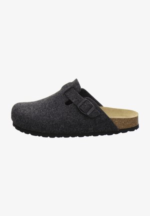 Dark gray felt clogs with a rounded toe, adjustable black buckle, cork footbed, and textured outsole for grip.