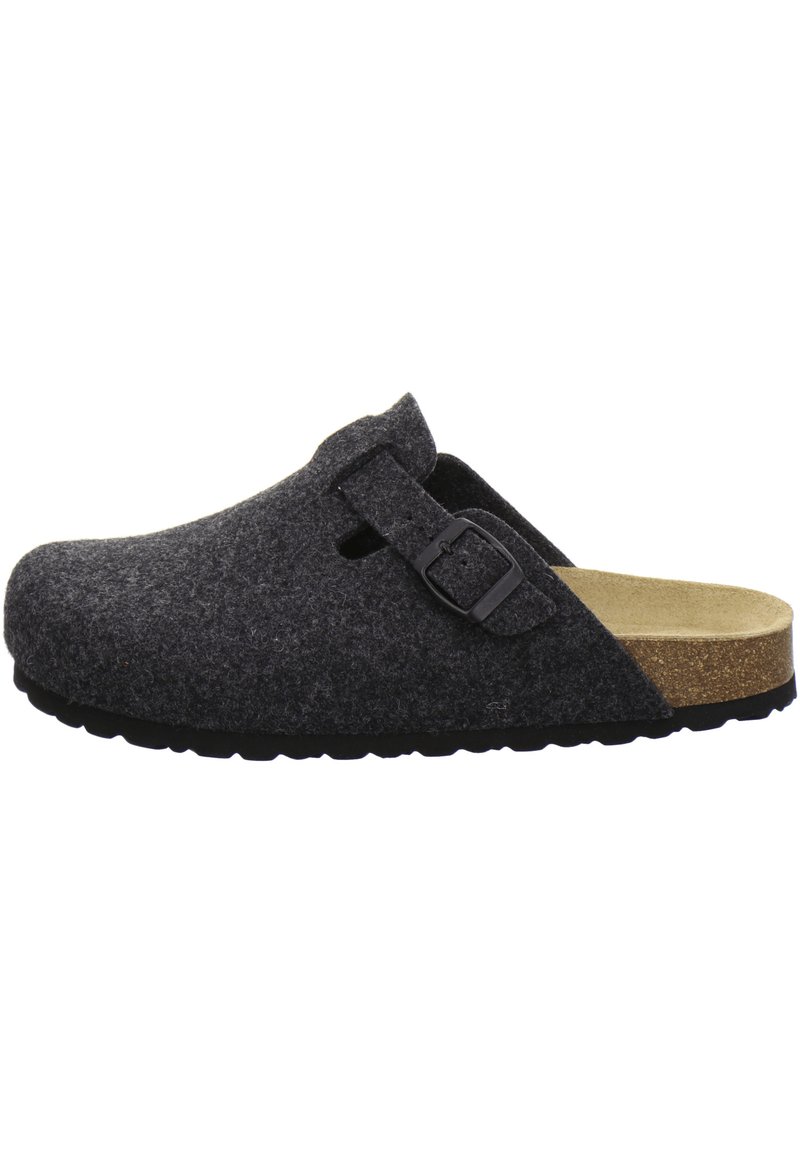 Dark gray felt clogs with a rounded toe, adjustable black buckle, cork footbed, and textured outsole for grip.