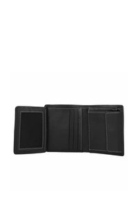 Black leather wallet with six card slots, one ID window, and a zippered pocket. Features white stitching and a foldable design.