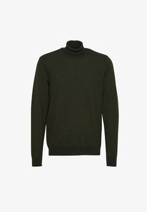 Dark green turtleneck sweater in a soft knit material. Features long sleeves, ribbed cuffs and hem, and a fitted collar design.