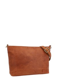 Brown leather crossbody bag with a structured shape, adjustable strap, and visible stitching. Features a small logo tag. Smooth texture.