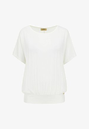 Biała bluzka z krótkim rękawem, z okrągłym dekoltem i marszczonym dołem. Wykonana z miękkiego materiału, z delikatną teksturą i małym logo marki.