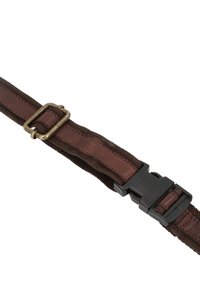 Sangle réglable en tissu marron et cuir avec boucle métallique et clip de libération rapide en plastique noir sur fond blanc.