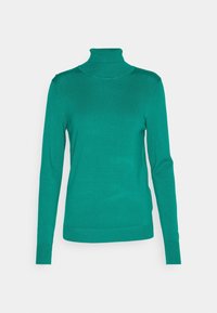 Pull à col roulé bleu sarcelle à manches longues avec poignets et ourlet côtelés, présenté sur un fond gris.