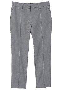 Pantalons à carreaux noir et blanc avec une coupe ajustée. Fabriqués en tissu léger, dotés d'un devant plat et d'une taille standard.