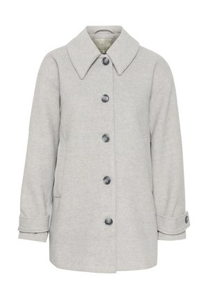 Helle graue Wollmischung Jacke mit weitem Kragen, sechs Knöpfen, Seitentaschen und umgeschlagenen Bündchen mit Knopfdetails. Angenehme Textur.