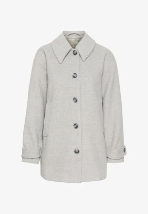 Manteau en mélange de laine gris clair avec un large col, six boutons, poches latérales et poignets roulés avec des accents de bouton. Texture lisse.