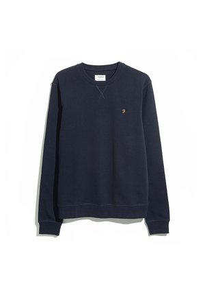 Felpa blu navy in cotone, con maniche lunghe, polsini a costine e un piccolo logo dorato sul petto. Design semplice con collo a giro.