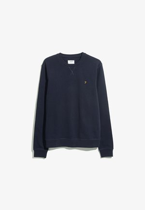 Marineblauwe sweatshirt van katoen, met lange mouwen, geribbelde manchetten en een klein gouden logo op de borst. Eenvoudig ontwerp met ronde hals.