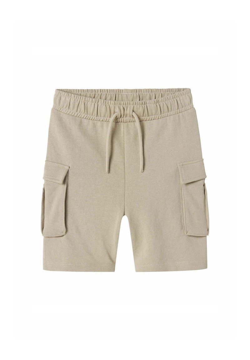 Beige cargo shorts lavet af blødt stof, med elastisk talje, snoretræk og to sidelommer.
