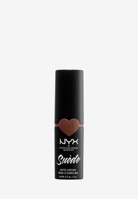 Matte läppstift i en svart tub med ett hjärtaccent. Har vit märkning och produktnamn; slank cylindrisk form; 0,12 oz. totalvikt.