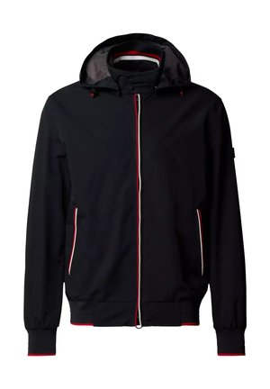 Black jacket with a hood, featuring a front zipper and red/white accent stripes on the pockets and hem. Smooth texture and casual design.