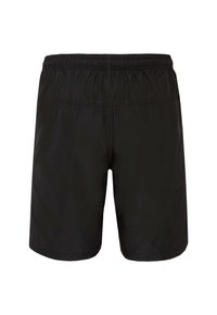 Svarta badshorts i lätt material, med elastisk midja, enkel design och utan ytterligare detaljer eller mönster.