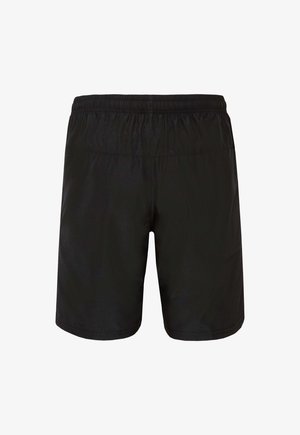Svarta badshorts i lätt material, med elastisk midja, enkel design och utan ytterligare detaljer eller mönster.