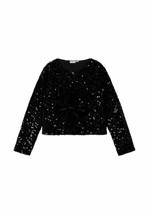 Sort sequined cropped jakke med lange ærmer, der har to velour sløjfer foran og en rund halsudskæring. Glat tekstur hele vejen igennem.