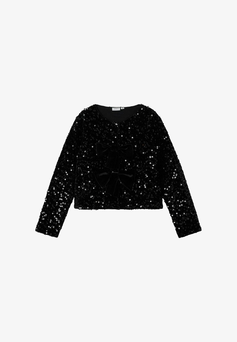 Sort sequined cropped jakke med lange ærmer, der har to velour sløjfer foran og en rund halsudskæring. Glat tekstur hele vejen igennem.