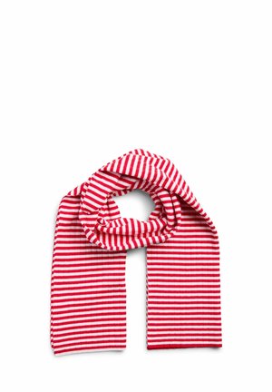 Écharpe tricotée rayée rouge et blanche horizontalement, pliée en boucle sur fond blanc.