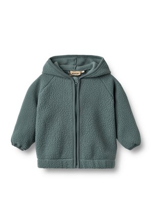 Veste en polaire sherpa verte pour tout-petits avec capuche et fermeture éclair sur le devant sur fond blanc.
