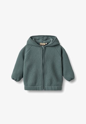 Grüne Sherpa-Fleece-Kinderjacke mit Kapuze und Frontreißverschluss vor weißem Hintergrund.