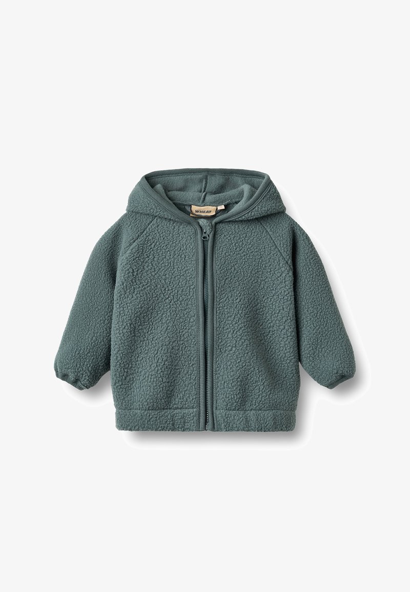 Veste en polaire sherpa verte pour tout-petits avec capuche et fermeture éclair sur le devant sur fond blanc.